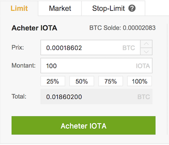 Capture d'écran de l'achat limit pour du IOTA